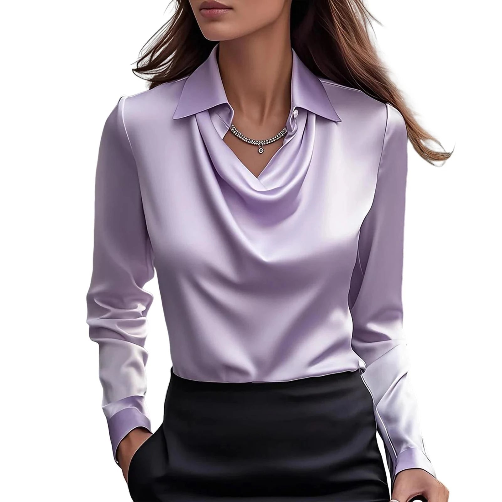 Elegant Satin Blouse with Draped Cowl Neckline and Swing Collar, Lightweight Silk-Cotton Blend 5