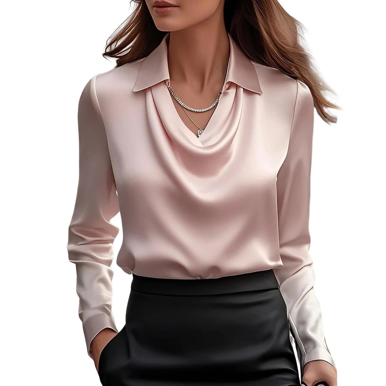 Elegant Satin Blouse with Draped Cowl Neckline and Swing Collar, Lightweight Silk-Cotton Blend 6