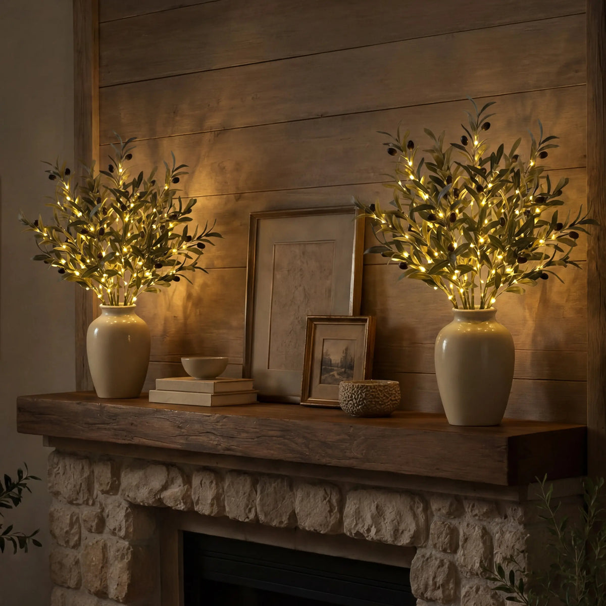 Lighted Olive Branch – Artificial Olive Stems with Built-In Warm Light for Vases