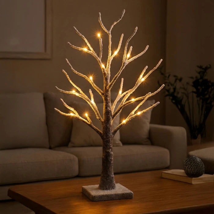 Snow-Frosted Tabletop Tree Lamp – Warm Twinkling Lights on Snowy Branches