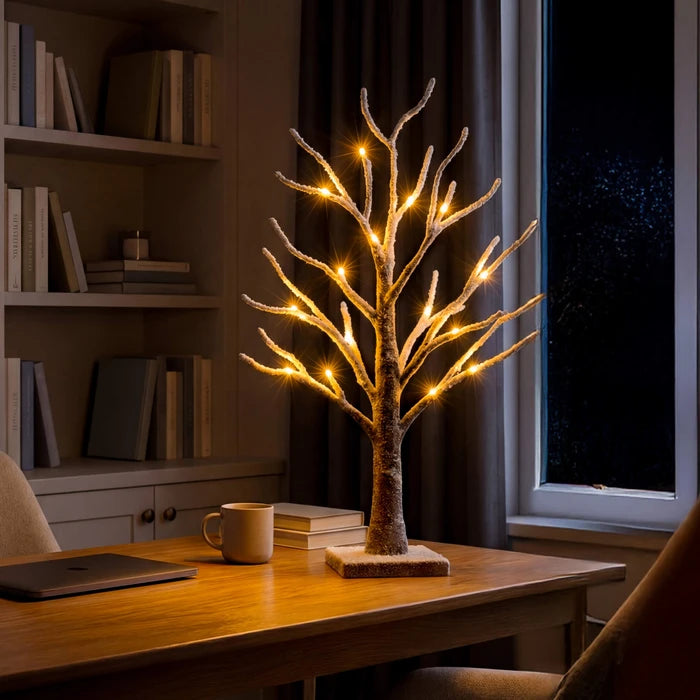 Snow-Frosted Tabletop Tree Lamp – Warm Twinkling Lights on Snowy Branches