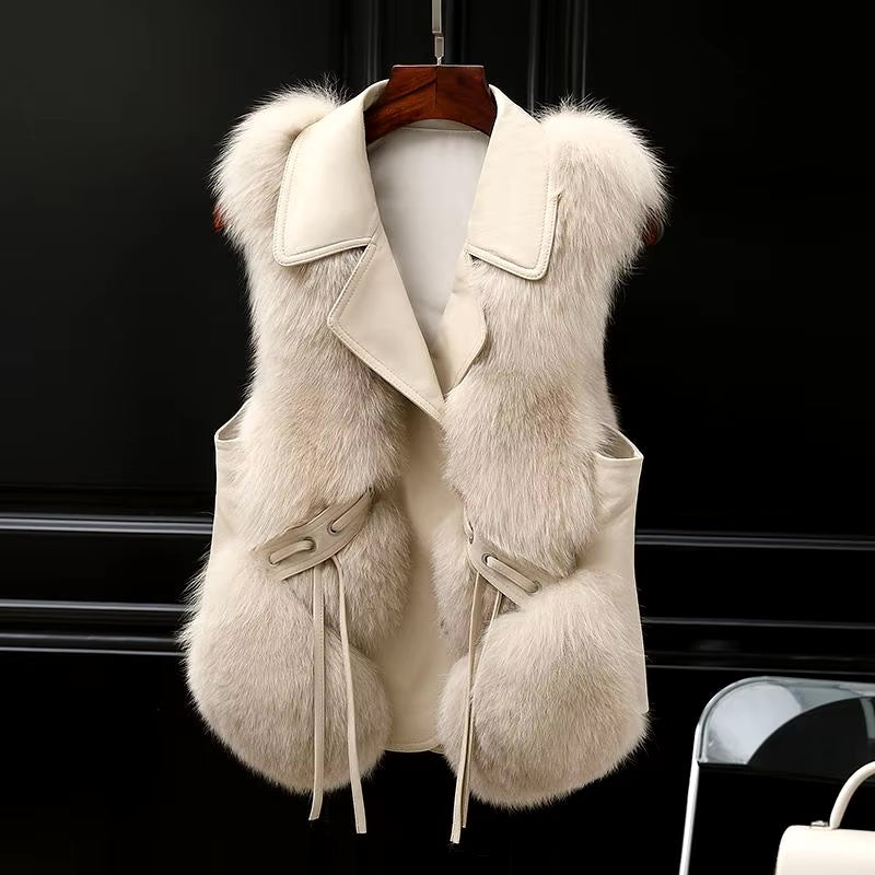 Faux Fur Vest voor Dames met Oversized Lapel en Verstelbare Taillebanden 0