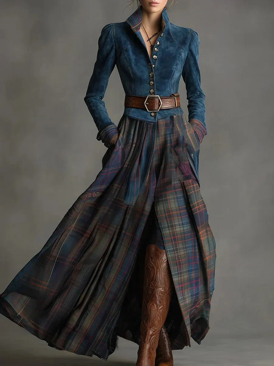 Fitted Maxi Dress With Plaid Skirt - Beulah 0