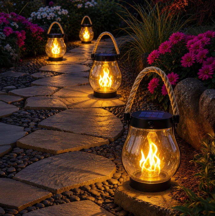 Solar Flame Lantern – Clear Lantern with Flickering Light and Hemp Rope Handle
