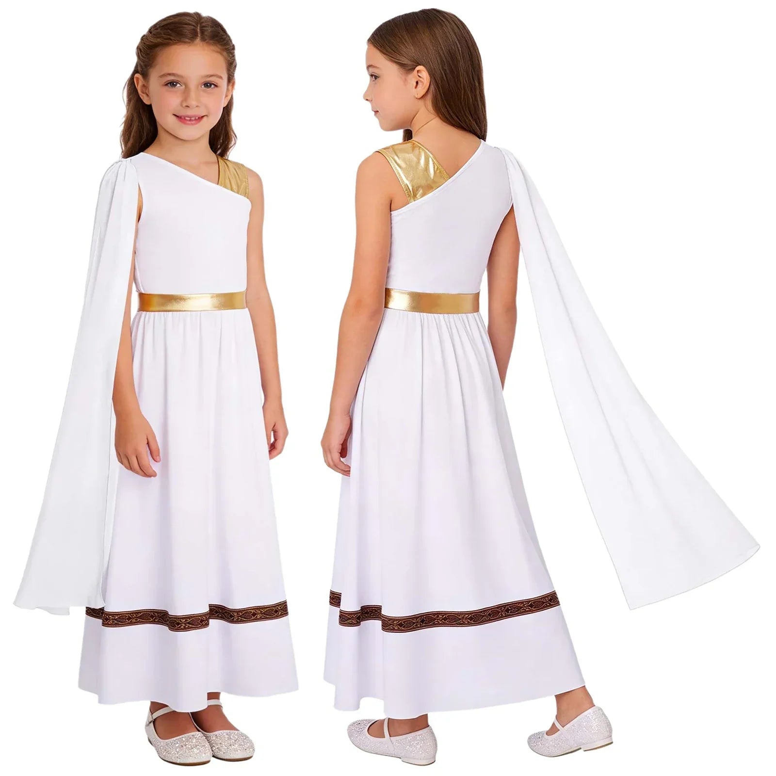 Grieks-Romeins Athena Godin Kostuum voor Meisjes met Gouden Accenten en Toga 19