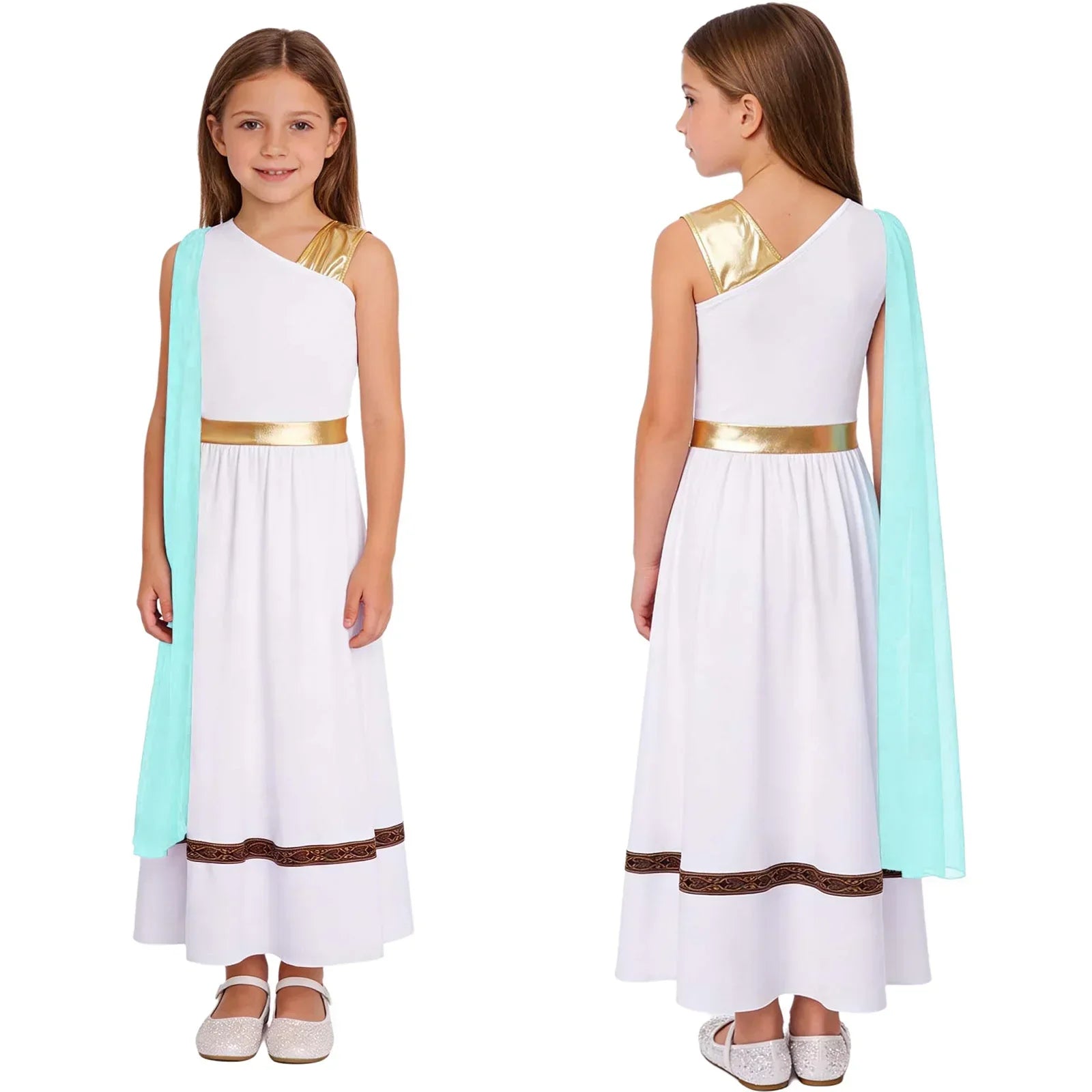 Grieks-Romeins Athena Godin Kostuum voor Meisjes met Gouden Accenten en Toga 24