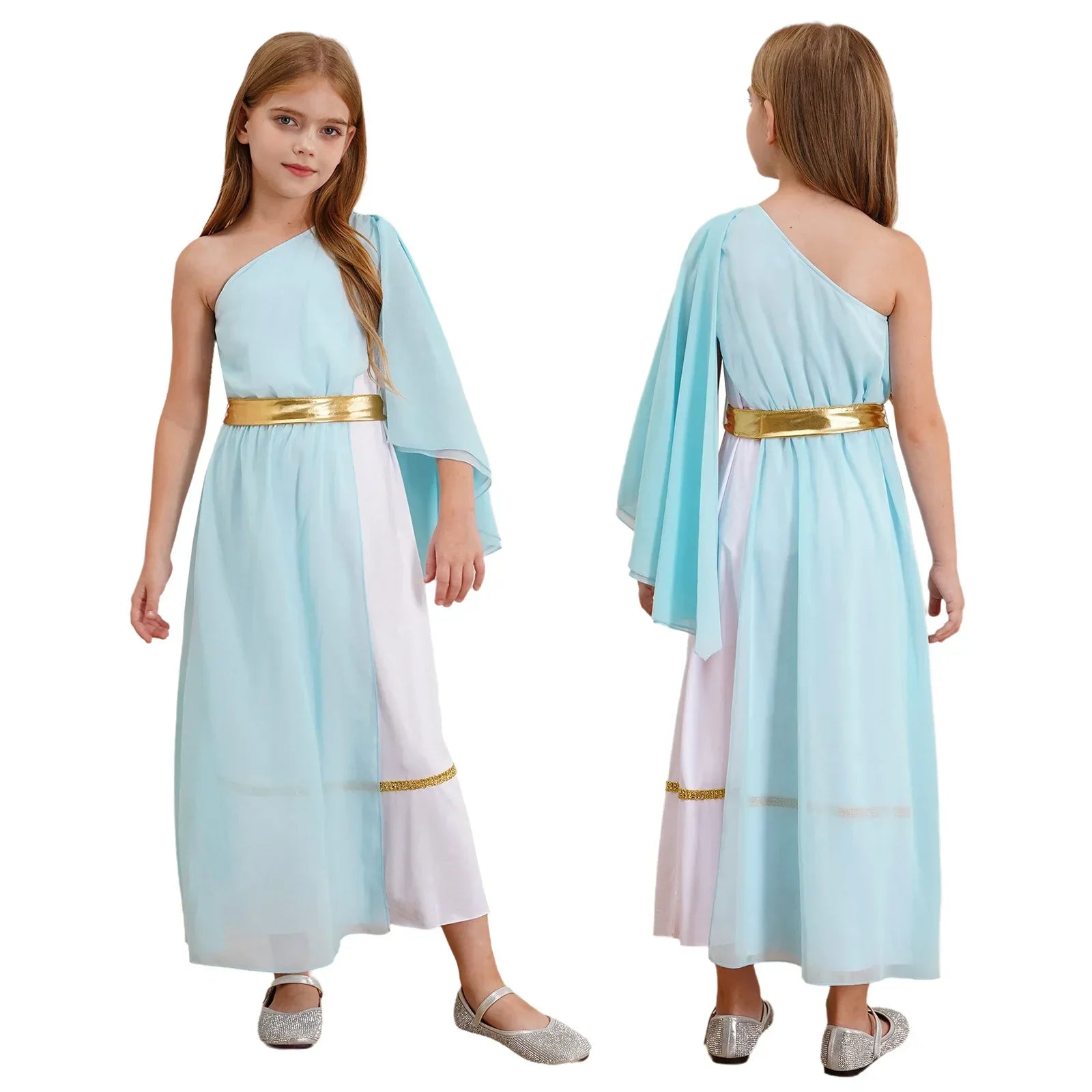 Grieks-Romeins Athena Godin Kostuum voor Meisjes met Gouden Accenten en Toga 9