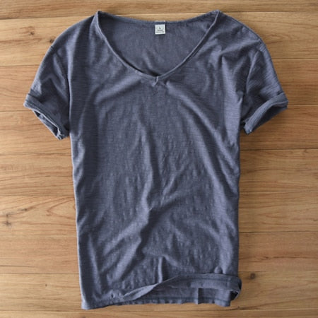 Men's V-Neck T-Shirt – Linen Cotton Blend with a Breathable Slim Fit
