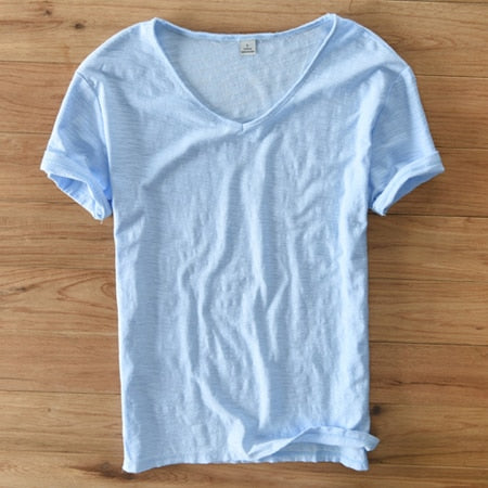 Men's V-Neck T-Shirt – Linen Cotton Blend with a Breathable Slim Fit