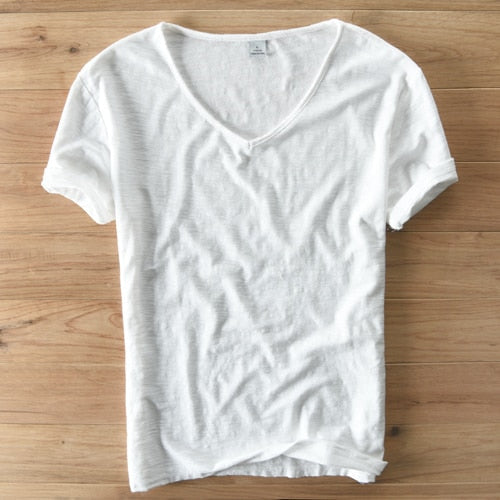 Men's V-Neck T-Shirt – Linen Cotton Blend with a Breathable Slim Fit