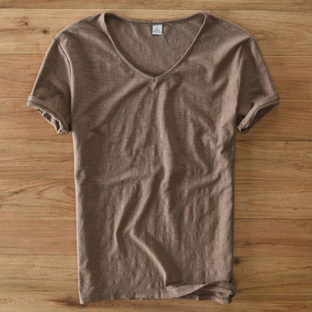 Men's V-Neck T-Shirt – Linen Cotton Blend with a Breathable Slim Fit