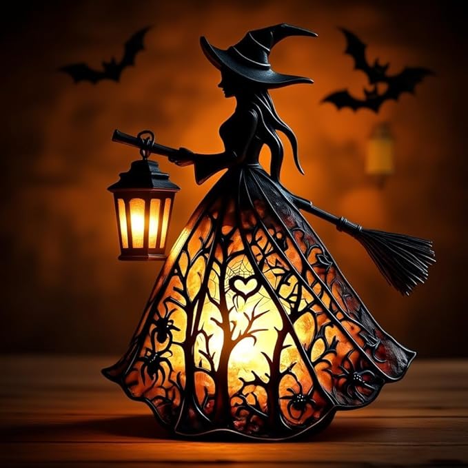 Halloween Decoratieve Lantaarn 30cm Gotisch LED Lamp Zwart Oranje Heksenlamp voor Feest Veranda Tafel Decoratie Mystieke Sfeer | Sansoti 0