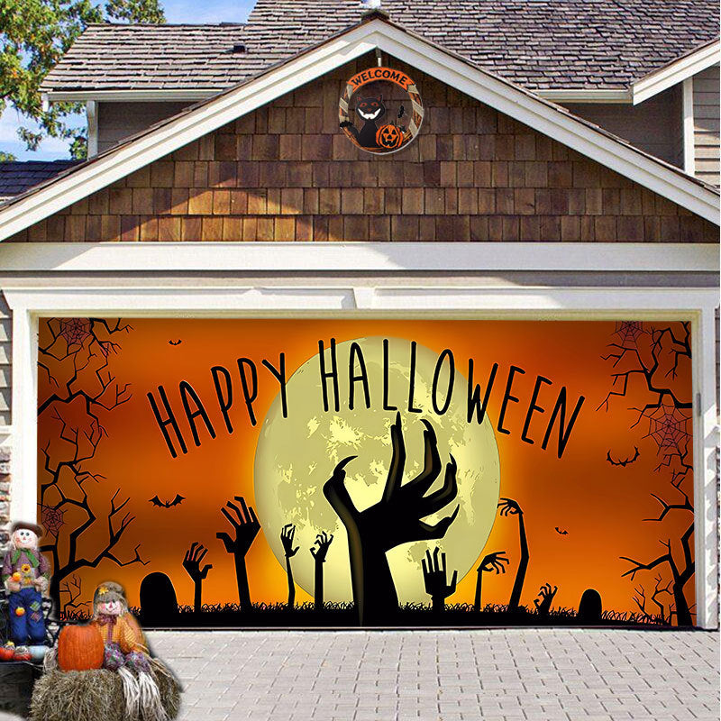 Halloween Garagedeur Decoratie Spookachtige Bedrukking Schaduwdoek Herbruikbaar Horror Sfeer Doek Waterdicht Buiten Feestversiering | Sansoti 25