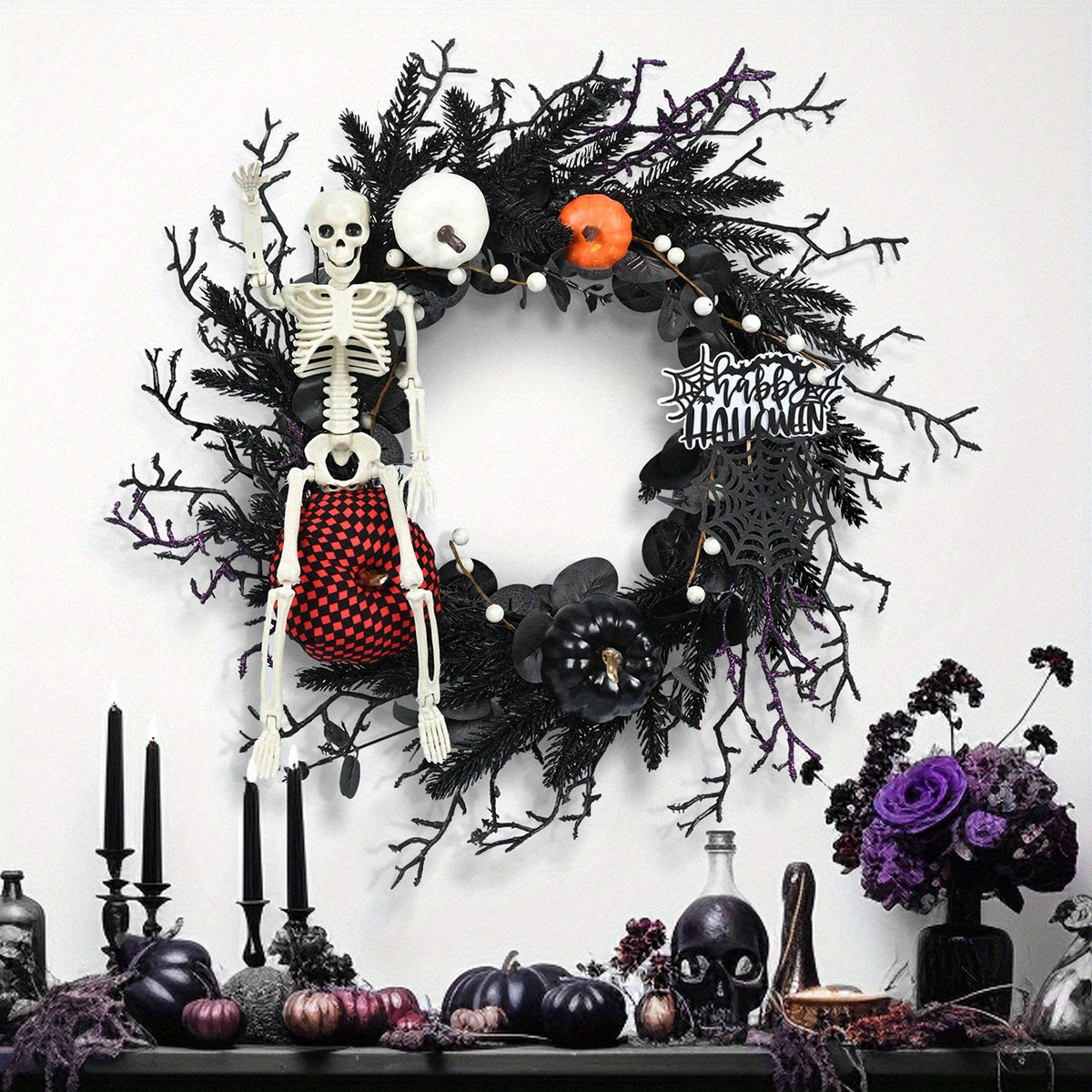 Halloween Gotische Skelet Pompoen Krans | Spookachtige Wanddecoratie 0