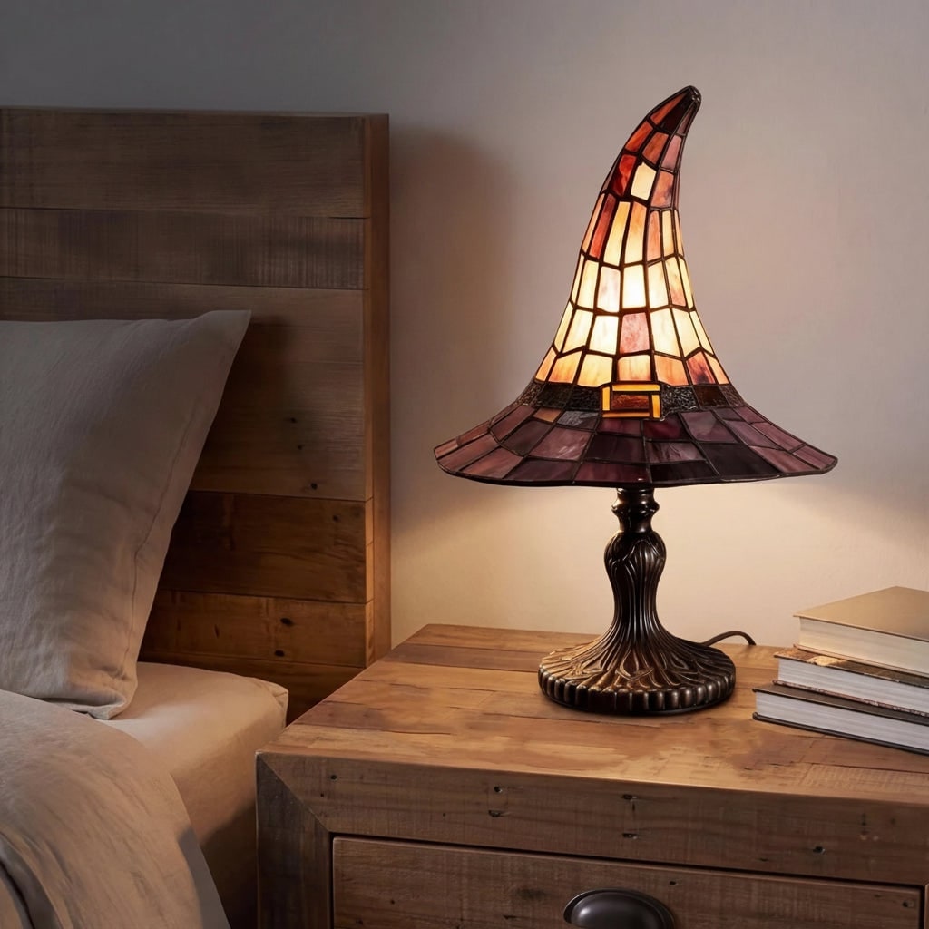 Halloween Stained Glass Witch Hat Table Lamp with Metal Base for Bedroom Decoration Bed Side 3