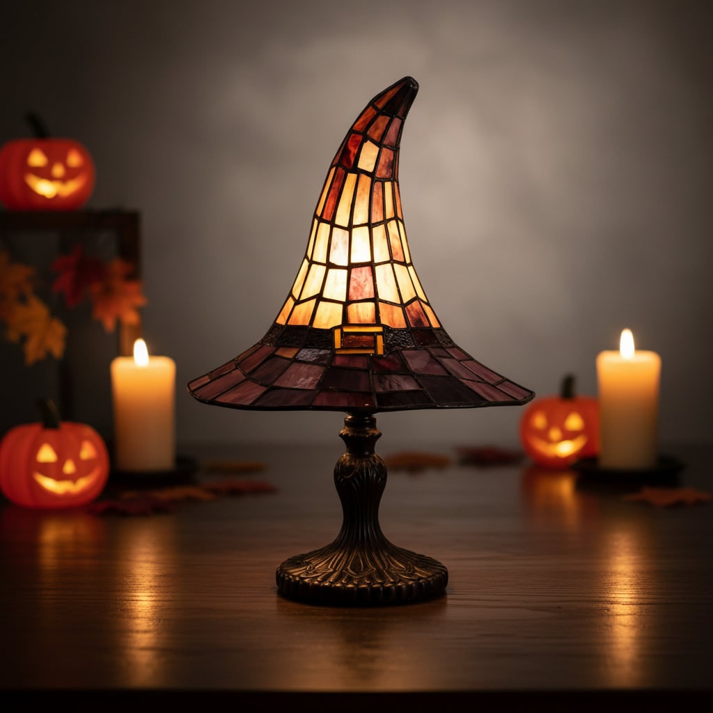 Halloween Tiffany Witch Hat Stained Glass Table Lamp with Metal Base 0