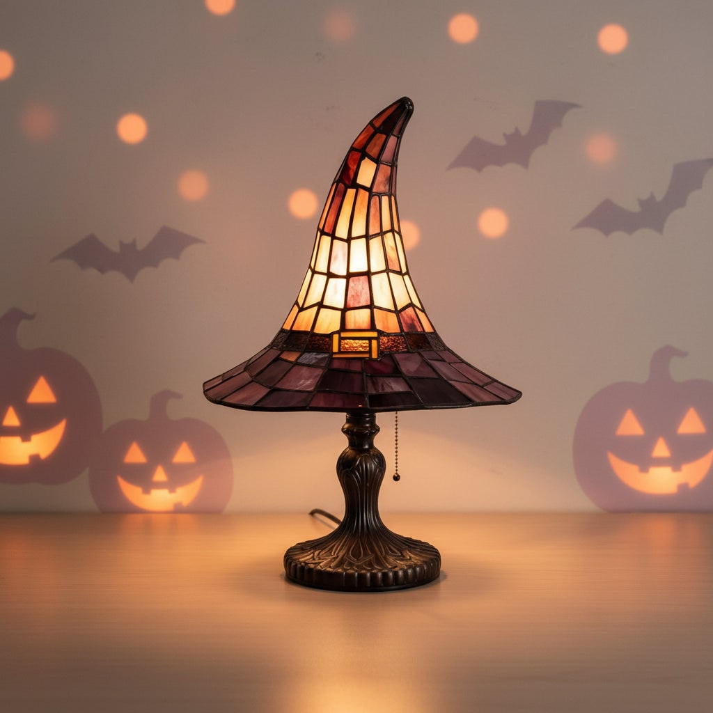 Halloween Tiffany Witch Hat Stained Glass Table Lamp with Metal Base 2