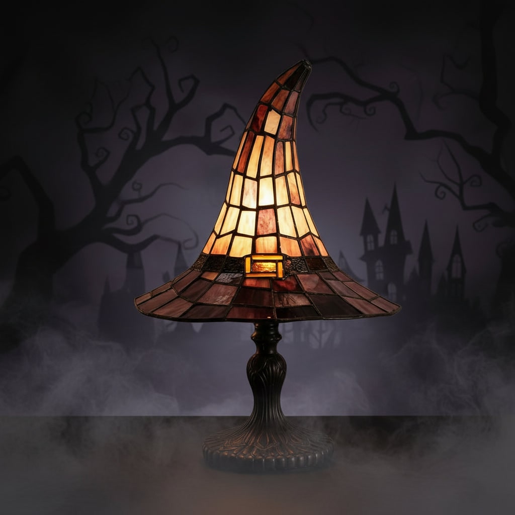 Halloween Tiffany Witch Hat Stained Glass Table Lamp with Metal Base 3