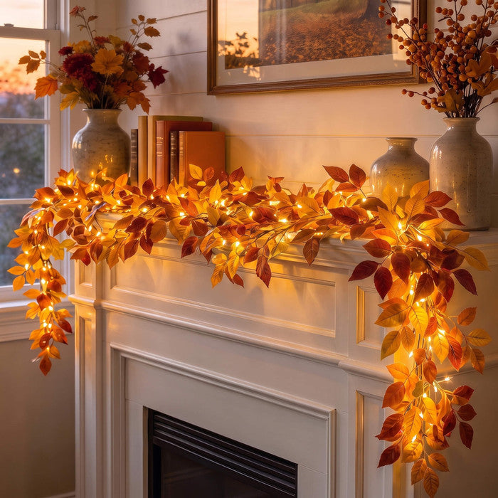 Lighted Foliage Garland – Flexible Leafy Strand with Warm Gold-Tone Lights