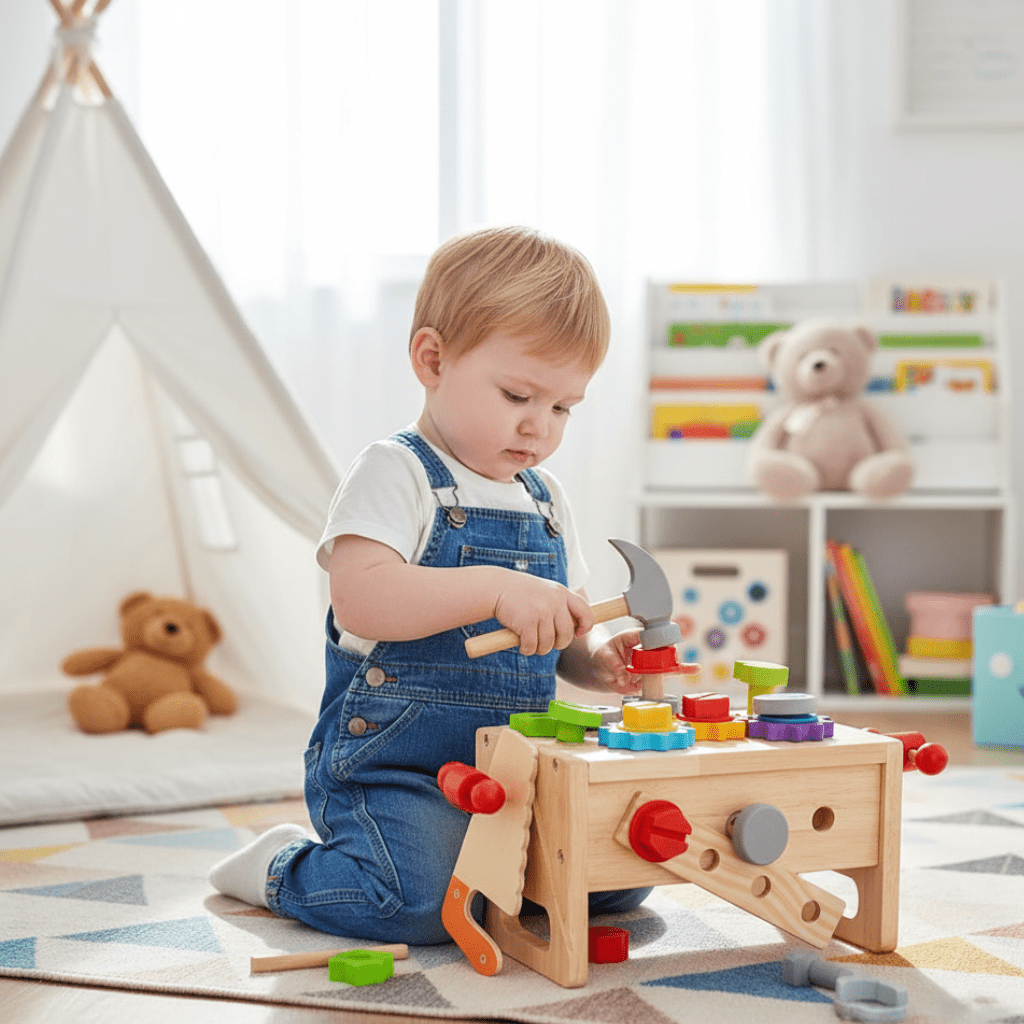 Houten gereedschapskist voor kinderen – Creatieve houten gereedschapskist stimuleert de motorische vaardigheden vanaf 6 maanden 0