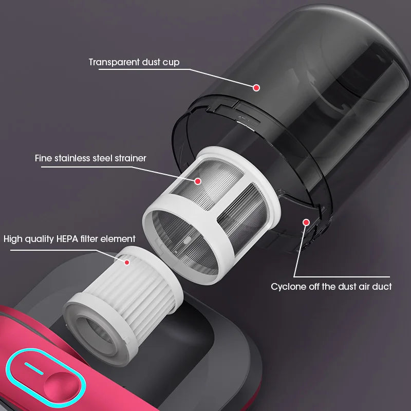 Aspirateur à main sans fil – Puissance d'aspiration de 12 kPa, fonction lumière UV et fonctionnement silencieux pour le nettoyage des tissus