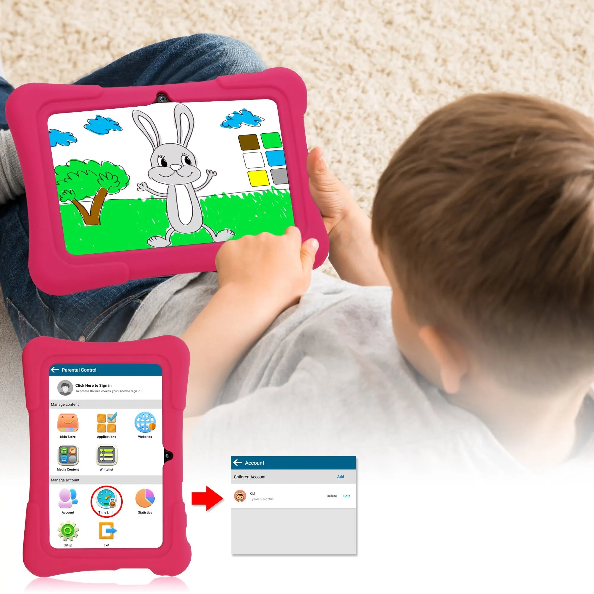 Tablette pour enfants – Écran IPS HD, performance quadricœur et stockage extensible pour apprentissage et jeu