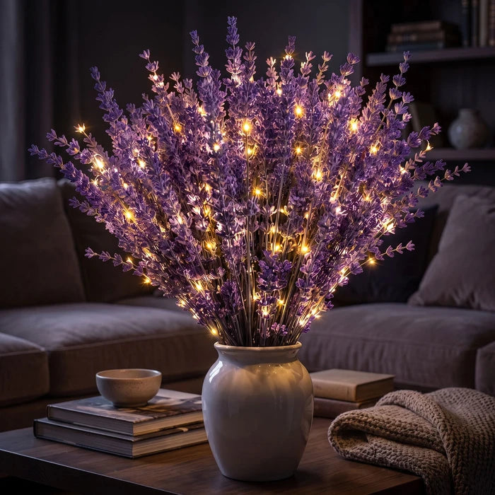 Lighted Lavender Bouquet – Faux Purple Blooms Wrapped in Warm Fairy Lights