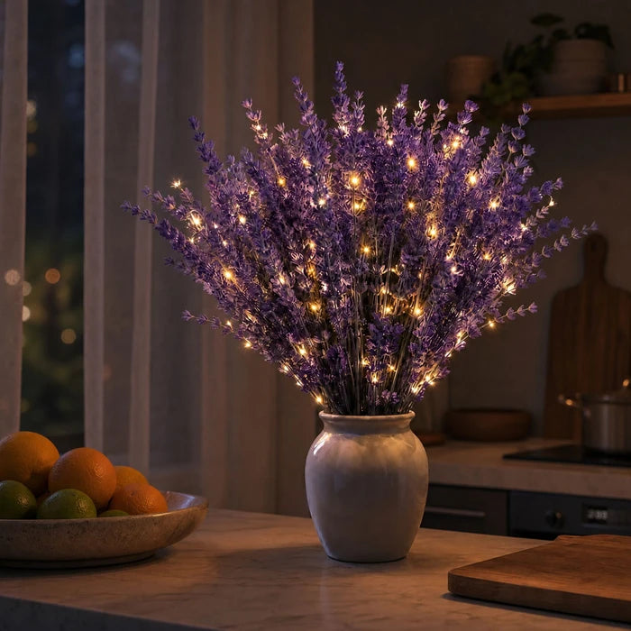 Lighted Lavender Bouquet – Faux Purple Blooms Wrapped in Warm Fairy Lights
