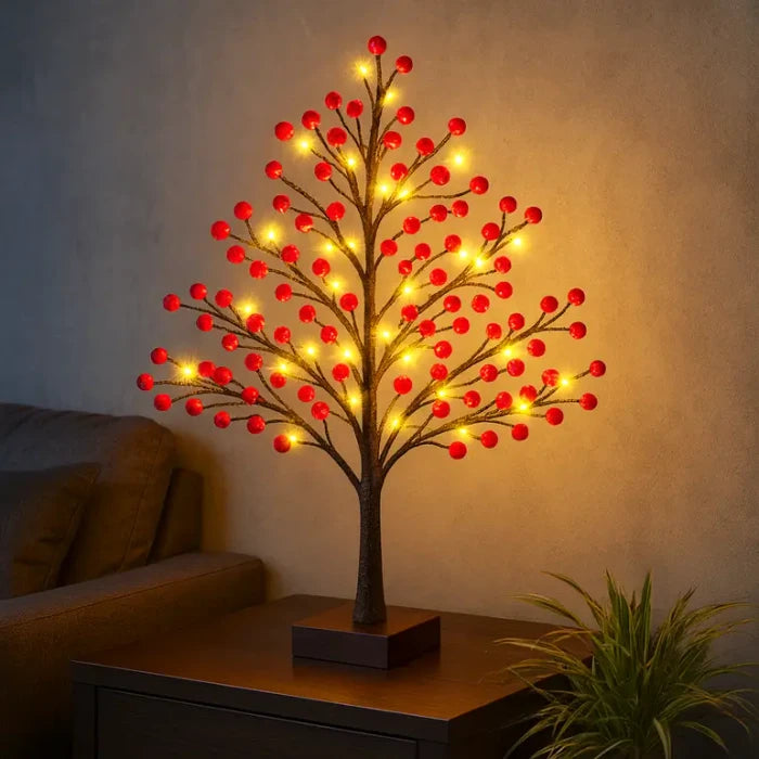 Holly Berry Tabletop Tree Lamp – Berry-Covered Branches with Warm Fairy Lights