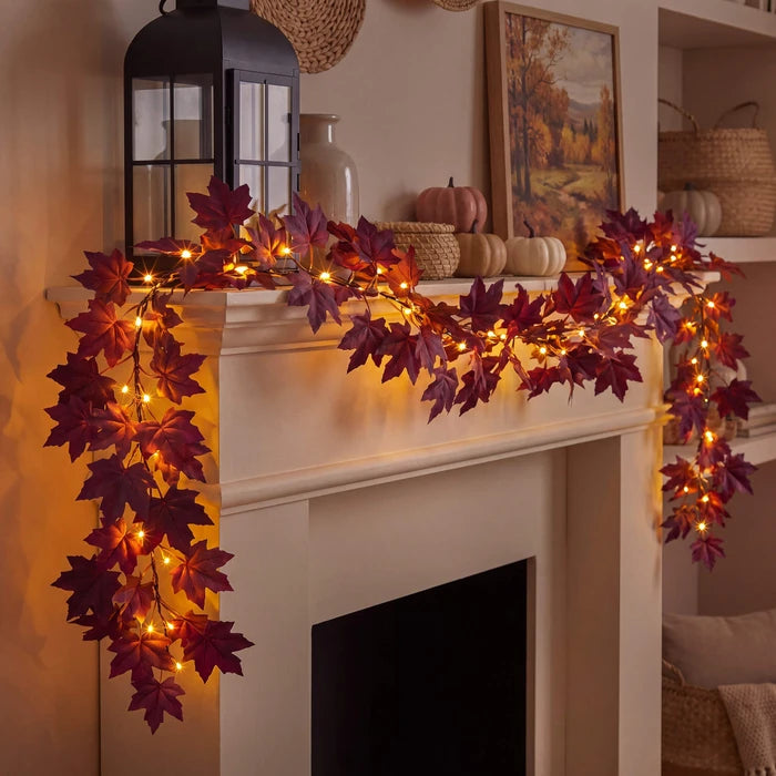 Burgundy Maple Leaf Garland – Bendable Autumn Vine with Woven Fairy Lights
