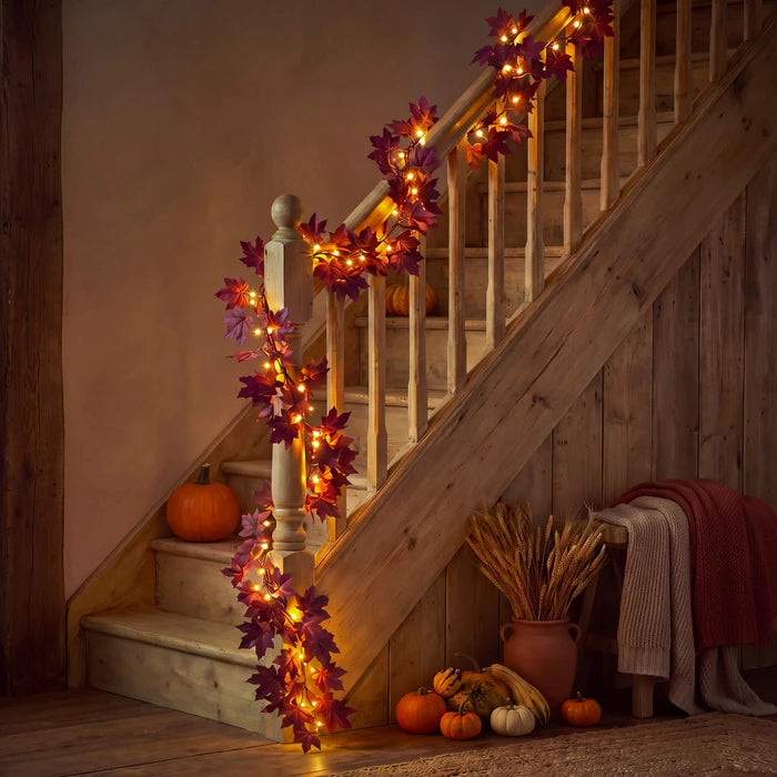 Burgundy Maple Leaf Garland – Bendable Autumn Vine with Woven Fairy Lights