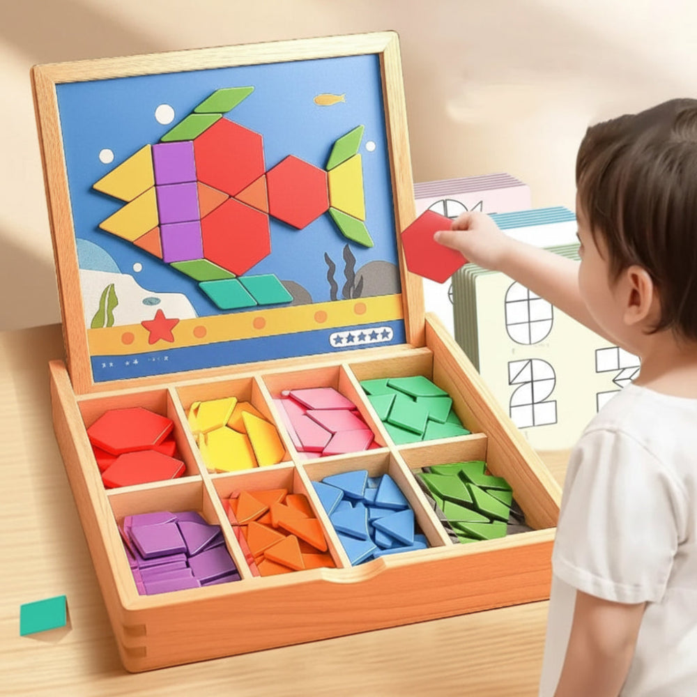 Magnetic Puzzle Wooden Pattern Blocks Educational STEM Toy Set 1