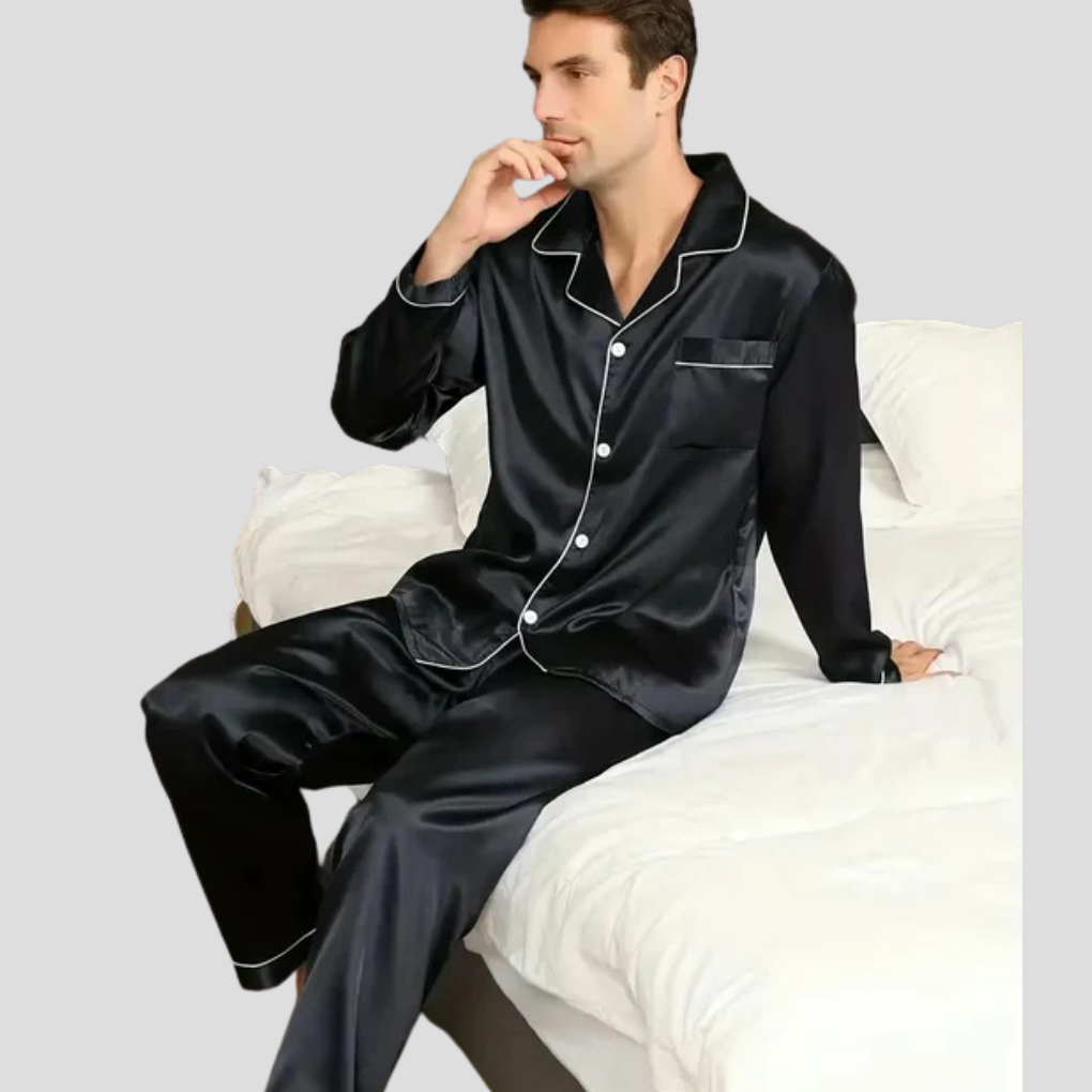 Men's Satin Pajama Set with Piping Detail, Soft Lounge Pants for Comfortable Sleep 0