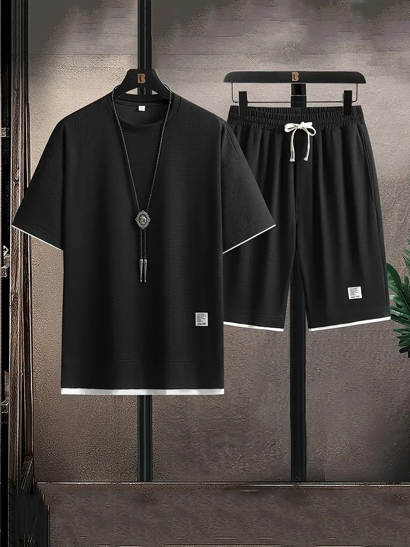 Men's Waffle Knit Lounge Set – Relaxed Fit T-Shirt and Drawstring Shorts 0