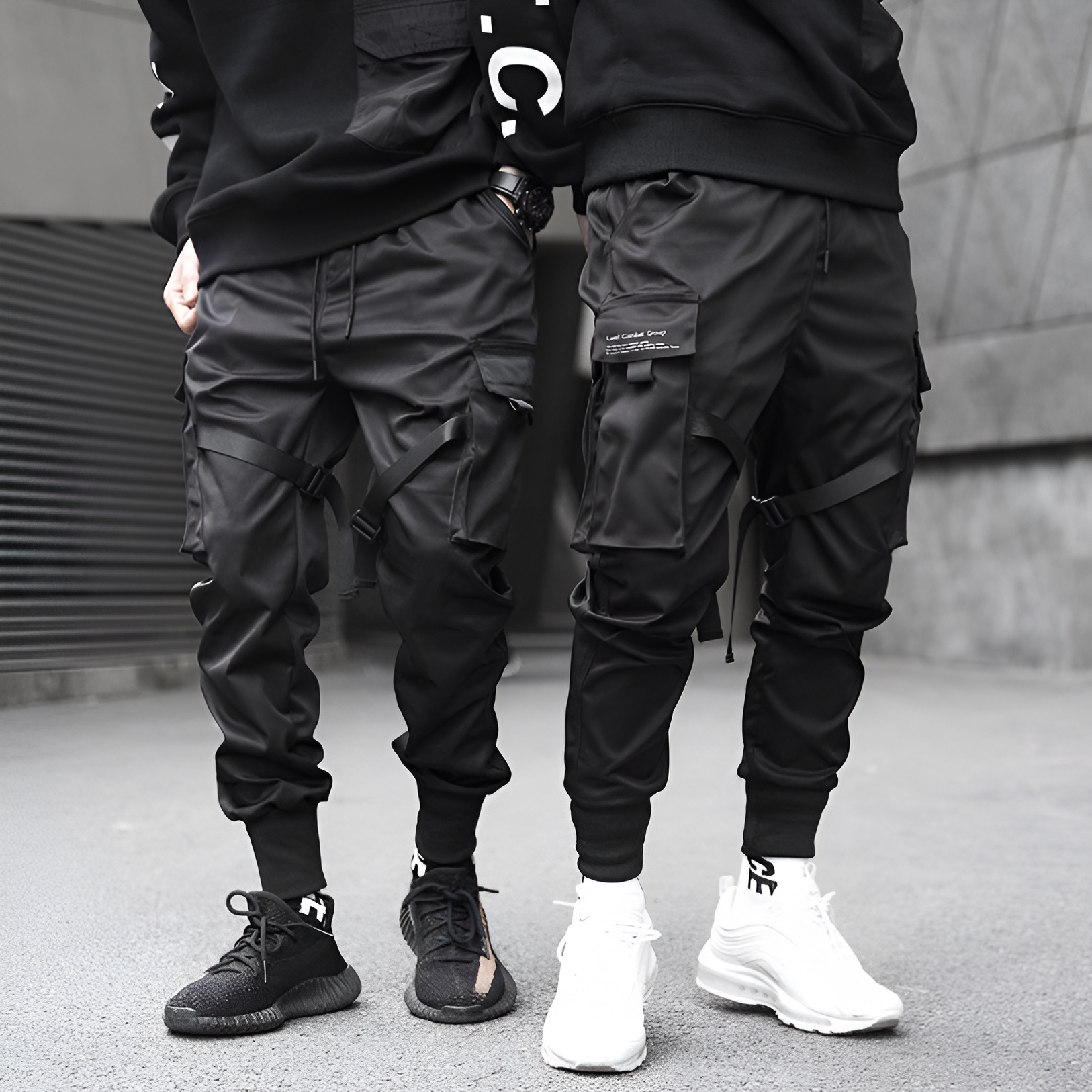 Mens Cargo Pants Black Adjustable Straps Durable Urban Trousers 1