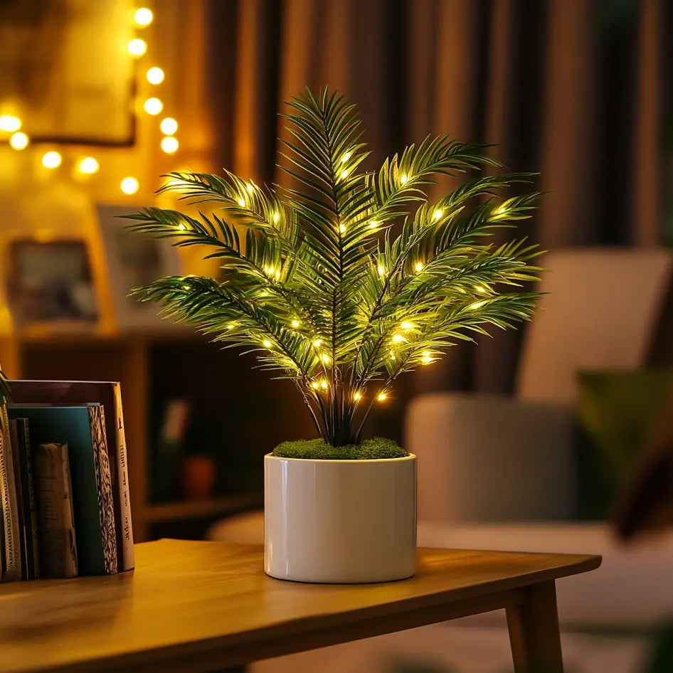 Palm Leaf Tree Lamp – Artificial Areca Palm Fronds with Warm Fairy Lights