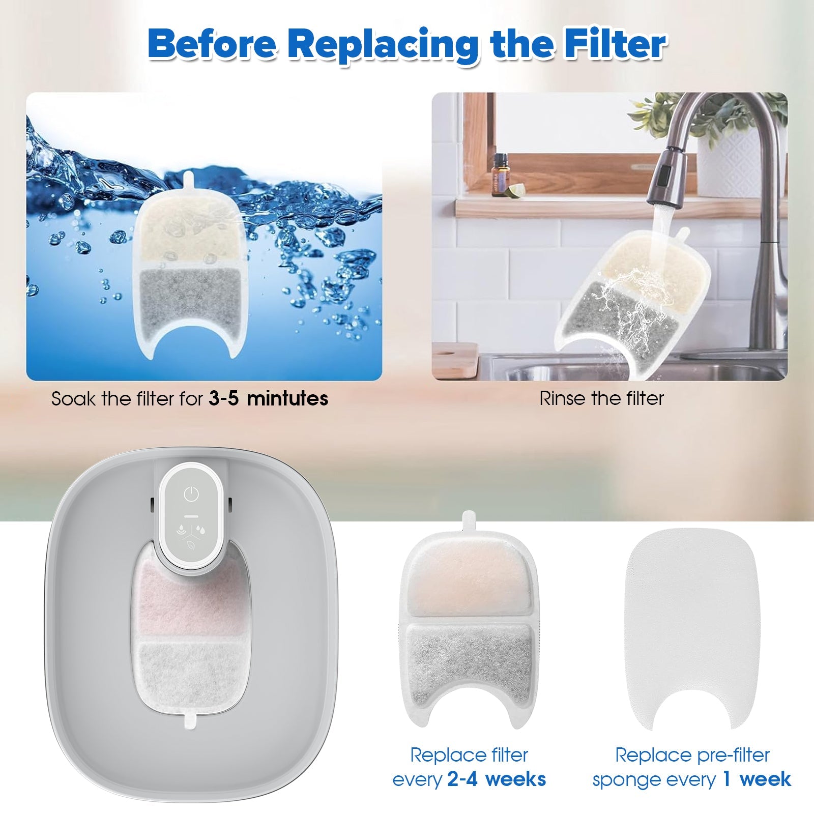 Pet Water Fountain Filters 4-Pack with Pre-Filter Sponges for Cats and Pets 3