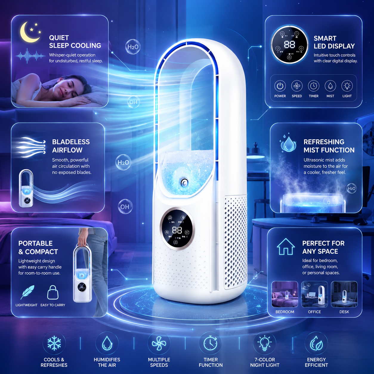Portable Air Conditioner Quiet Compact Bladeless Cooling 3
