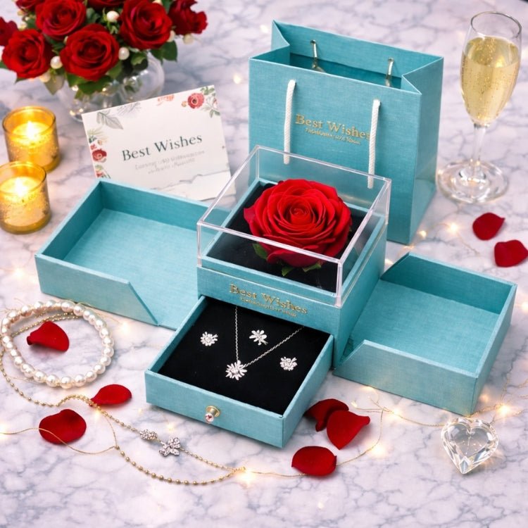 Preserved Real Rose Gift Box with Necklace Earrings Set for Her | Eternal Flower Jewelry Box | Romantic Anniversary, Birthday Gift for Wife, Girlfriend | Kouvr 0
