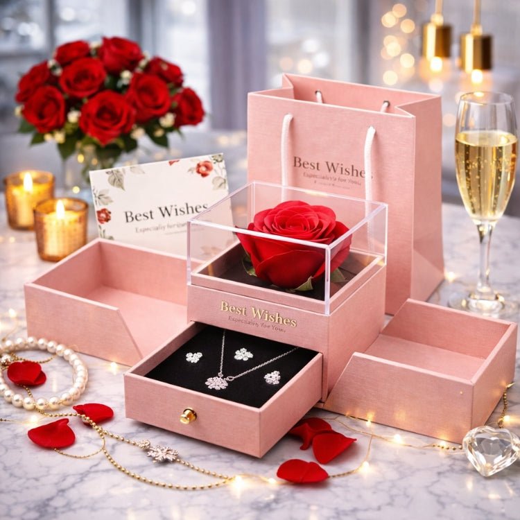 Preserved Real Rose Gift Box with Necklace Earrings Set for Her | Eternal Flower Jewelry Box | Romantic Anniversary, Birthday Gift for Wife, Girlfriend | Kouvr 4