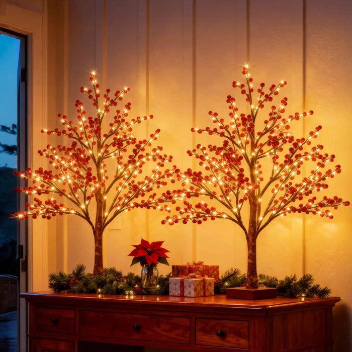 Red Berry Tree Lamp – Tabletop Tree with Realistic Berry Clusters and Warm Light