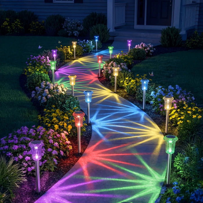 Solar Rainbow Stake Lights – Colorful Starburst Rays for Paths and Garden Beds