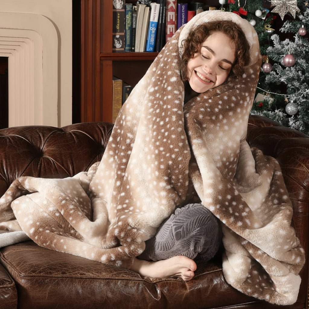 Reversible Plush Blanket with Deer Motif, Soft Faux Fur, 100% Polyester 1