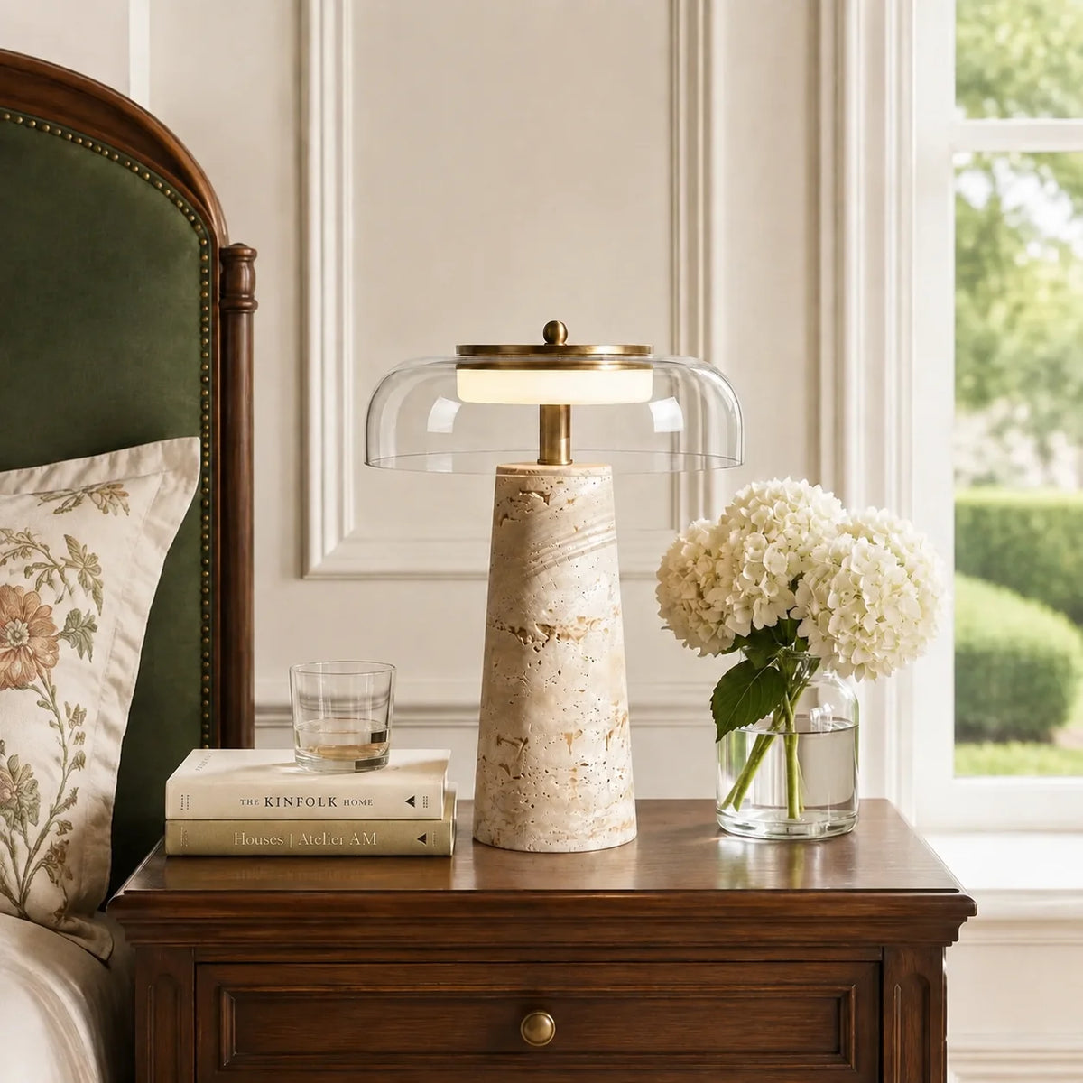 Ryn Wabi‑Sabi Travertine Glass Mushroom Table Light 1