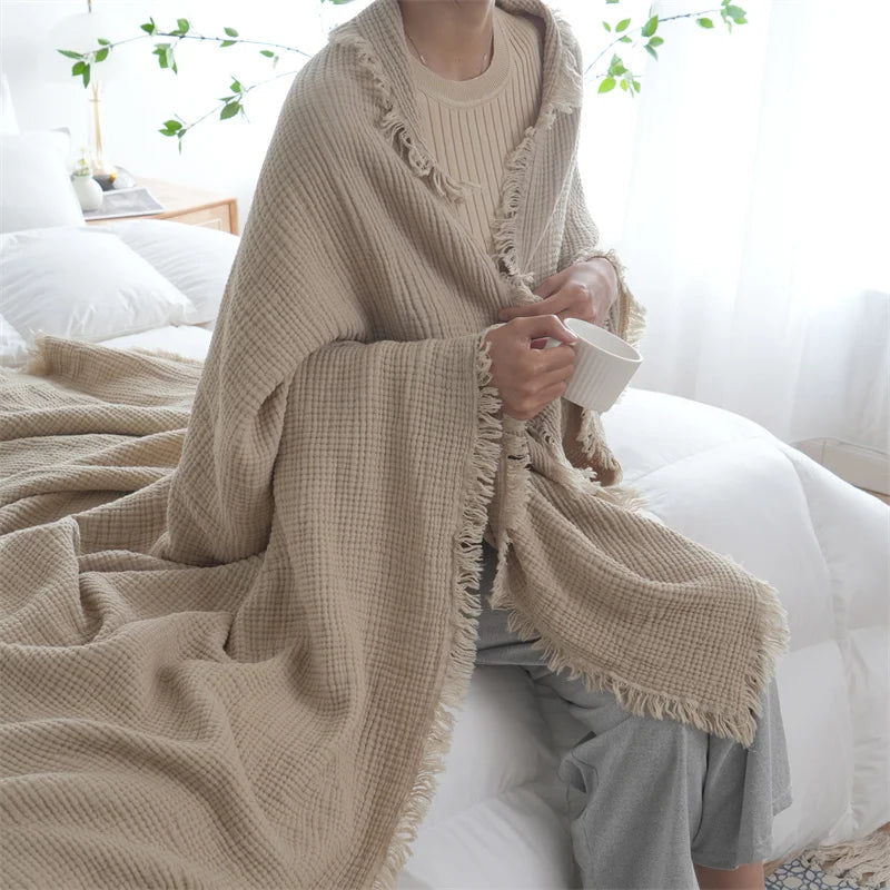 Nattéra – Ternet Bomuldsplaid med Kvast & Jacquardvævning i Blødt Naturmateriale