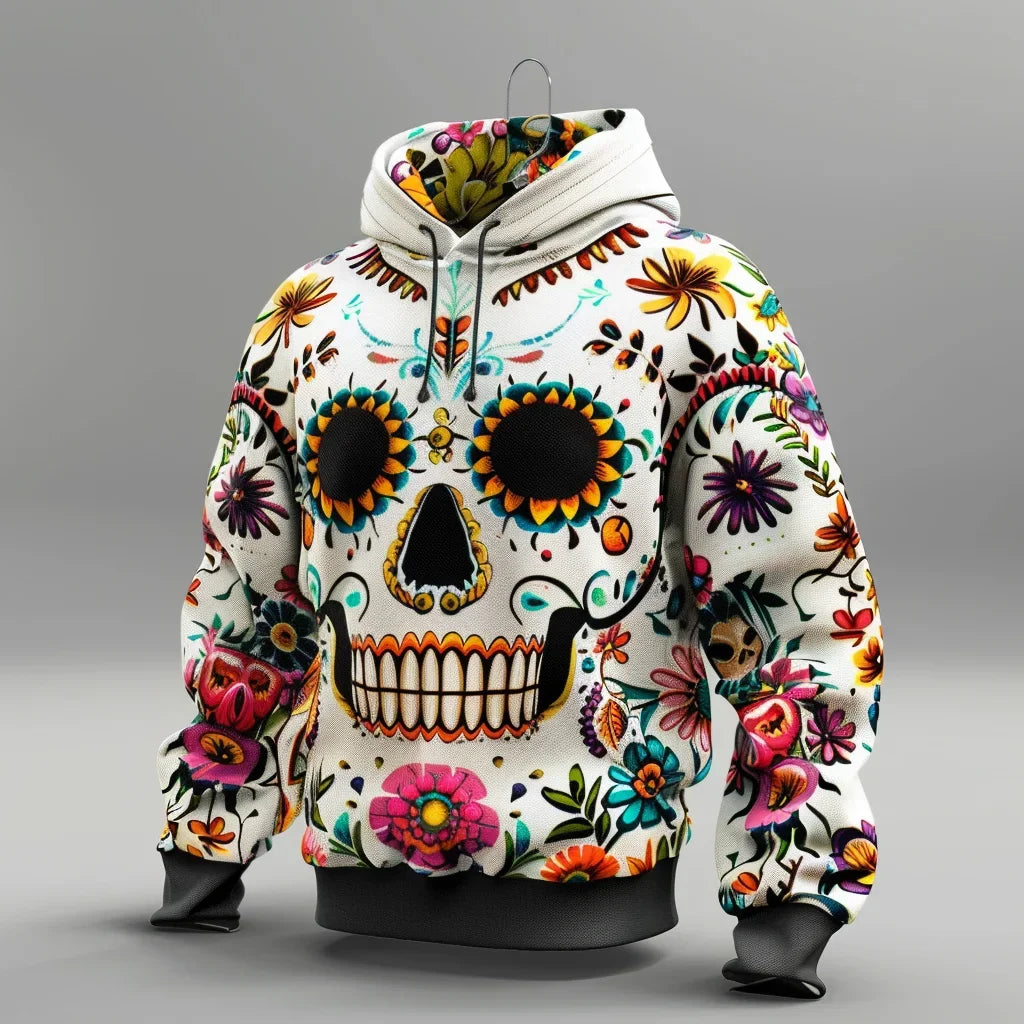 Floral Skull Hoodie – Full-Print Graphic Pullover with Midweight Comfort