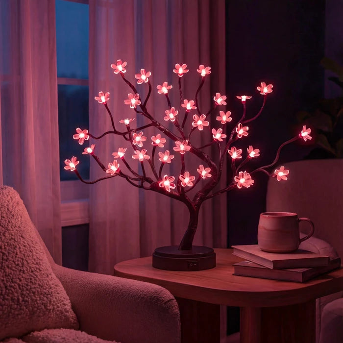 Tabletop Cherry Blossom Tree Lamp – Pink Flower Lights on Curved Branches
