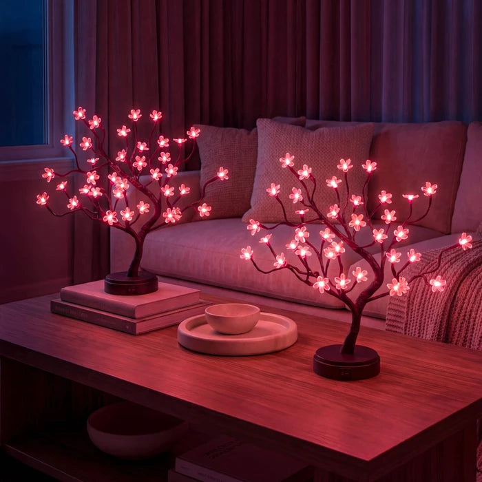 Tabletop Cherry Blossom Tree Lamp – Pink Flower Lights on Curved Branches