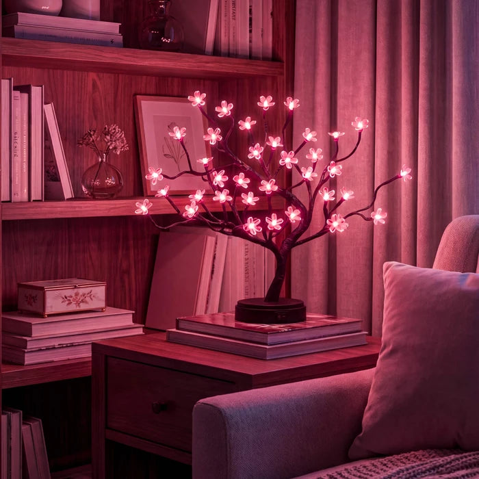 Tabletop Cherry Blossom Tree Lamp – Pink Flower Lights on Curved Branches