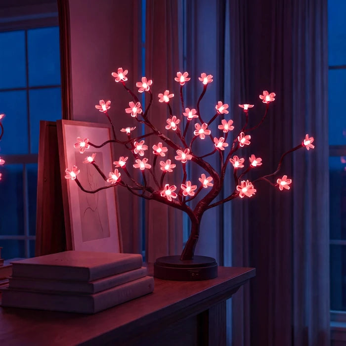 Tabletop Cherry Blossom Tree Lamp – Pink Flower Lights on Curved Branches